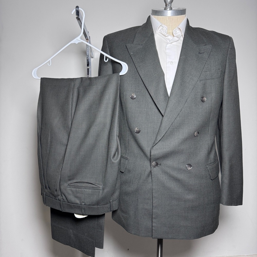 Zeidler & Zeidler Suit Mens 42L W34 Grey Micro-check Double Breasted Vintage